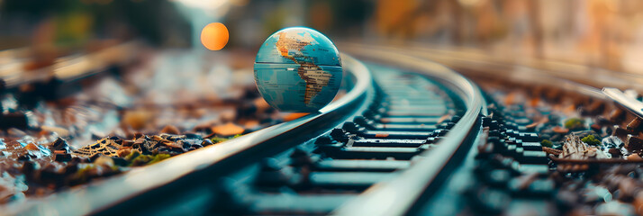 A globe is sitting on the railroad tracks
 - obrazy, fototapety, plakaty