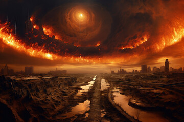 Culture and religion, horror and fantasy concept. Surreal and apocalyptic landscape view of planet Earth and humanity extinction in fire and chaos - obrazy, fototapety, plakaty