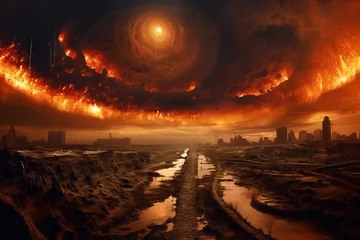 Tuinposter Bruin Culture and religion, horror and fantasy concept. Surreal and apocalyptic landscape view of planet Earth and humanity extinction in fire and chaos