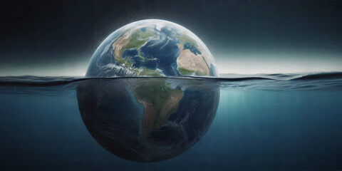 Planet earth globe in wave of water in the ocean. Climate change global warming concept
