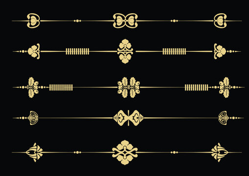 Art deco dividers and decorative golden headers. Victorian book and interior ornament. Vector flat style cartoon art deco illustration on black background