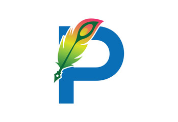 Vector drawn feather pen with latter P template
