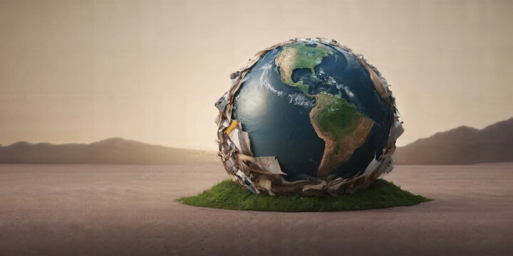 A globe surrounded by garbage in the shape of planet earth enormous pile full of trash and plastic waste.