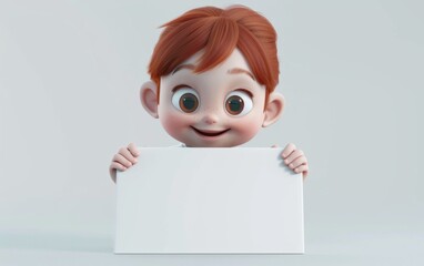 3D cartoon girl character holding blank paper on sign. 3D display. Advertisement illustrations