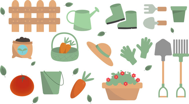 Agricultural Equipment collection vecter illustation of cute tomato, carrot, watering can, fence, flower pot etc.