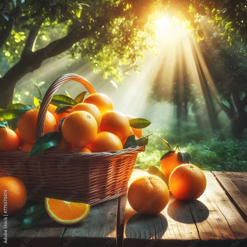 Poster oranges in a wicker basket on a wooden table in the garden generated by ai