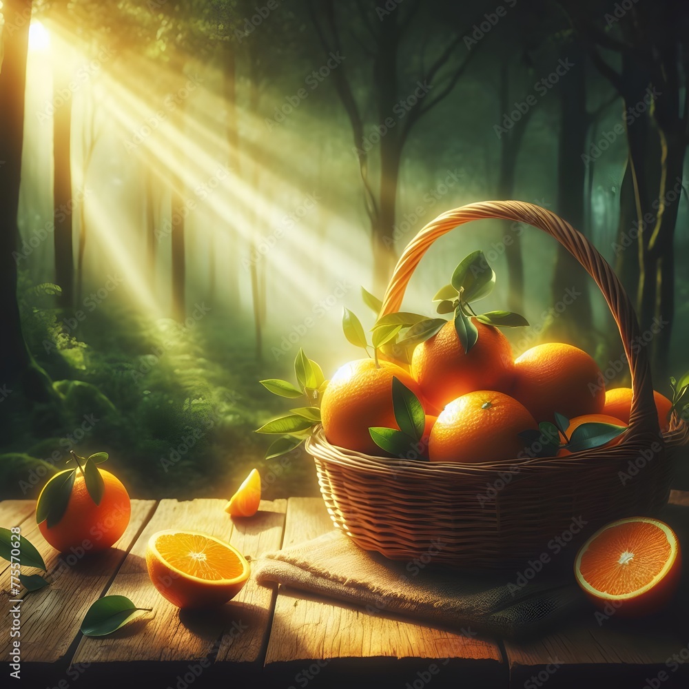 Poster oranges in a wicker basket on a wooden table in the garden generated by ai