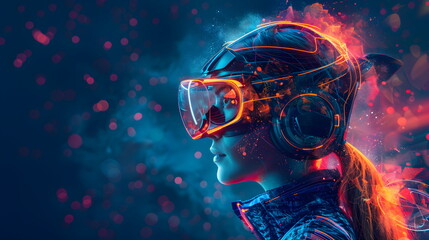 Woman wearing virtual or augmented reality glasses. Abstract vr world with neon lines
