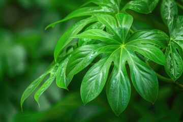 philodendron green leaves on green background - obrazy, fototapety, plakaty