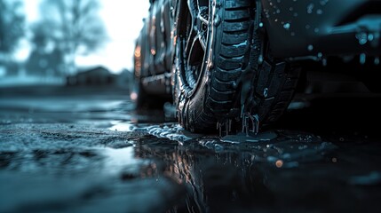 Black tires melt from the hot weather. of global warming - obrazy, fototapety, plakaty