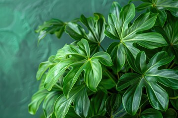 philodendron green leaves on green background - obrazy, fototapety, plakaty