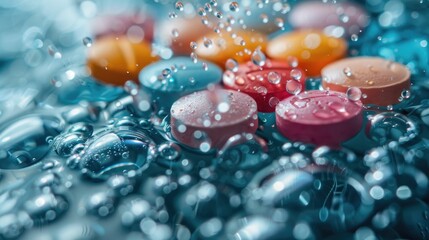 Macro shot of antacid medication fizzing in water, symbolizing immediate relief, bubbles capturing the moment - obrazy, fototapety, plakaty