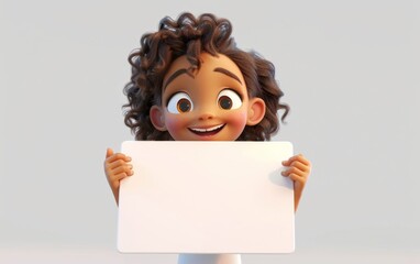 3D cartoon girl character holding blank paper on sign. 3D display. Advertisement illustrations