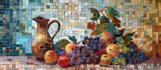 A mosaic of fruits and a pitcher on a table - obrazy, fototapety, plakaty
