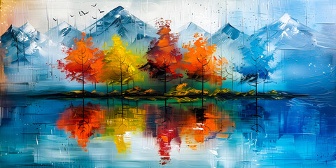 Oil painting colorful trees and lake on canvas
