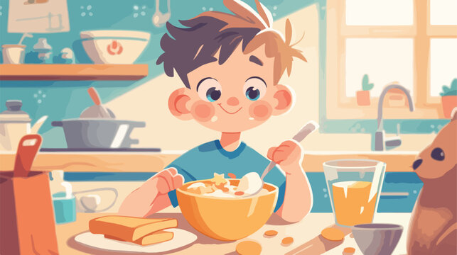 Little boy having cereal with milk illustration 2d