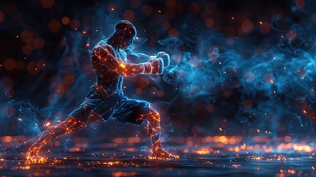 Abstract image. Digital boxer with a mitt in motion. technology blue background. Low Poly Wireframe with connected glowing lines and particles.