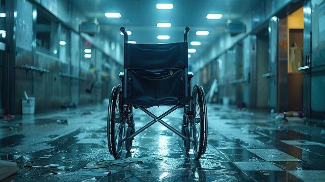 An empty patient's wheelchair sits in an old hallway. of a hospital with bright corridor lights