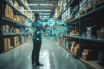 Fototapeta premium Futuristic Technology Retail Warehouse: Worker Doing Inventory Walks when Digitalization Process Analyzes Goods, Delivery Infographics in Logistics, Distribution Center.