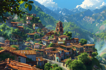 Serenely Beautiful: Rustic town nestled in the Heart of Verdant Mountains under Blue Sky - obrazy, fototapety, plakaty
