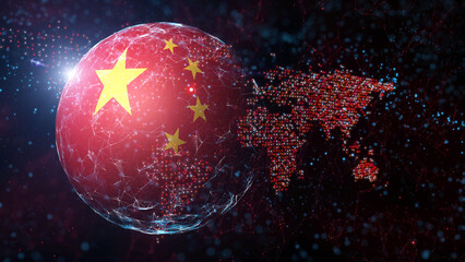 Concept china 3d flag on world map cyberspace illustration background.