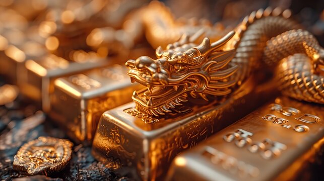 Pile of gold bars with golden dragons The concept of the Year of the Golden Dragon and wealth