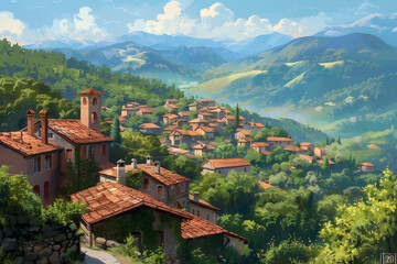Fototapeta na wymiar Serenely Beautiful: Rustic town nestled in the Heart of Verdant Mountains under Blue Sky