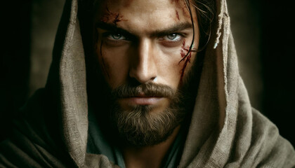 Biblical character. Portrait of a serious man with a beard and blood on his face.
