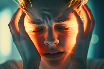 VFX the headache Pain Augmented Reality Animation. Massaging the head to Ease the pain. Close Up of a person Experiencing Discomfort in a Result of headache. - obrazy, fototapety, plakaty