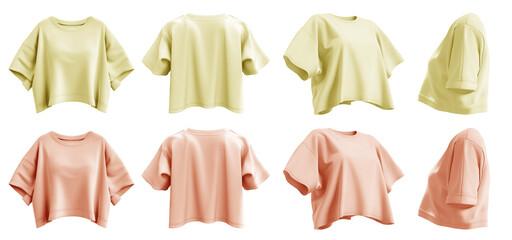 2 Set of pastel light yellow orange woman loose cropped midriff tee t shirt round neck front, back and side view on transparent background cutout, PNG file. Mockup template for artwork graphic design - obrazy, fototapety, plakaty