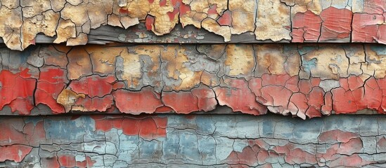 A close up of a weathered wooden wall with peeling paint
