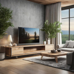 TV on cabinet in modern interior living room on background. 3d rendering