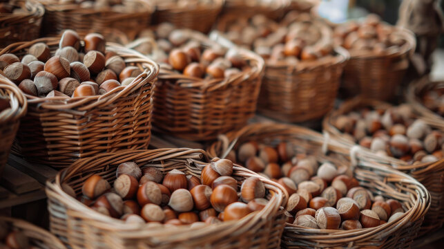 Crop of in-shell hazelnuts in wicker baskets