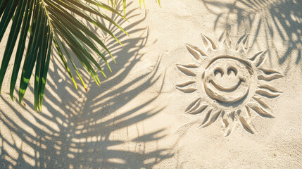 Smiling sun drawn on the sandy beach with palm leaves