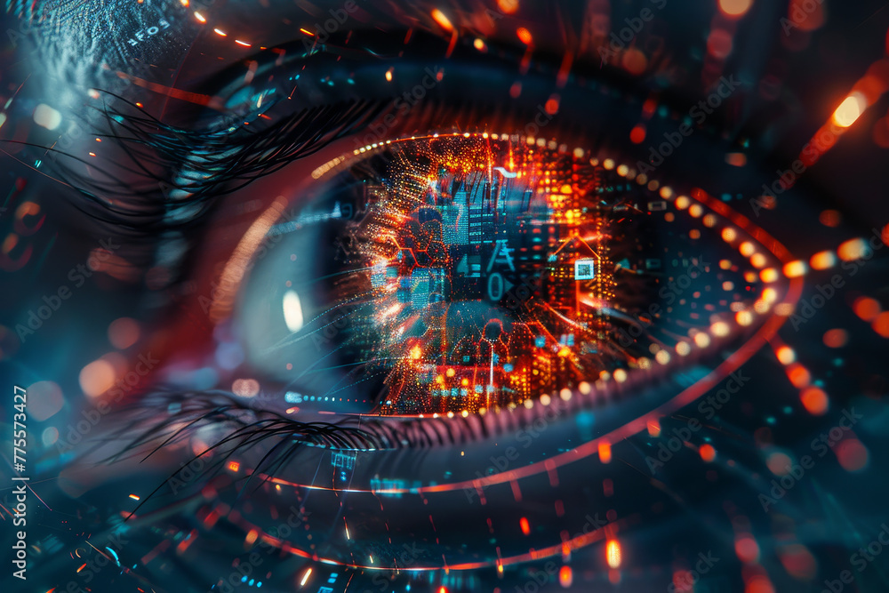 Aufkleber a close up of a person's eye with a computer screen behind it