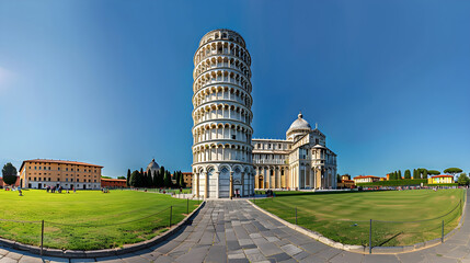 Iconic Leaning Tower of Pisa in Picturesque Landscape on a Clear Sunny day - obrazy, fototapety, plakaty