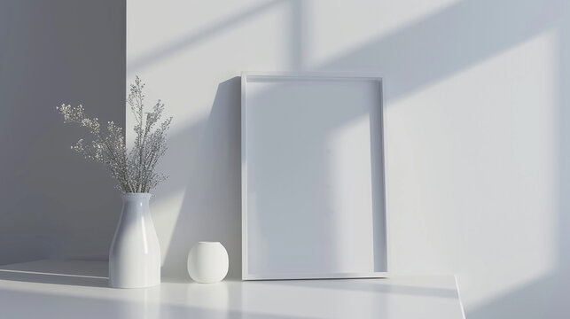 A sleek, minimalist desk holds a blank photo frame mockup, bathed in soft natural light, casting a subtle shadow against the clean surface, inviting endless creative possibilities. 
