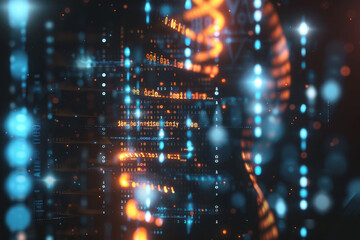 A computer generated image of a DNA strand with a blue background