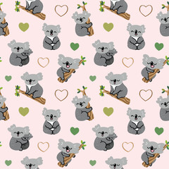 Seamless Pattern with Cartoon Koala Bear and Heart Design on Light Pink Background - obrazy, fototapety, plakaty
