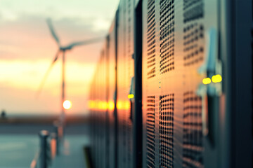 Close-up of innovative battery technologies against a backdrop of wind turbines, synergy between renewable energy sources and storage solutions in a power system.