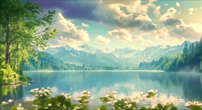 illustration of a beautiful view of a lake in the mountains footage