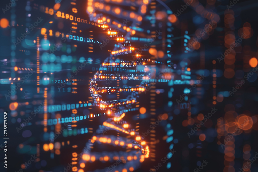 Poster a computer generated image of a dna strand with orange and blue colors