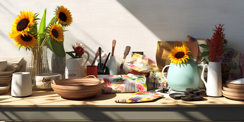A glass pitcher of water sits on a table with a vase of sunflowers in the background.
 - obrazy, fototapety, plakaty