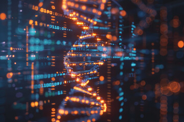 A computer generated image of a DNA strand with orange and blue colors