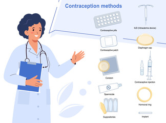 Gynecologist talks about different types of contraception. Birth control and sexual health concept. Flat cartoon vector illustration