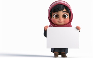 3D character of little girl holding a blank advertising whiteboard sign. Illustrative