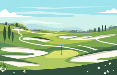 Nature Landscape of Green Golf Field Course with Hole in Bright Sky