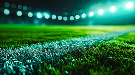 夜のサッカースタジアムの芝生グラウンド - obrazy, fototapety, plakaty