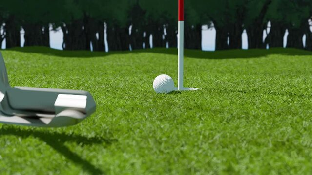 Putting the ball into the hole using a putter on a golf course with grass and trees, 4k resolution
