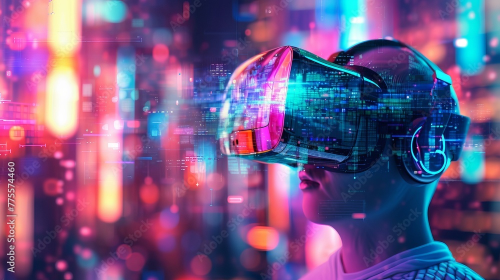 Poster a dynamic scene inside the metaverse, with a focus on a virtual reality headset elements of virtual 